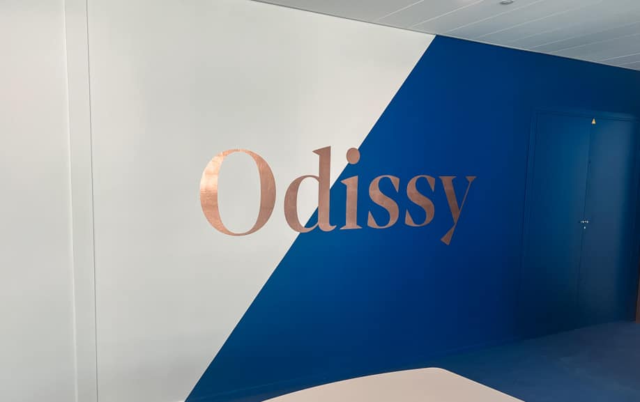 Logo mural accompagné d'un fond bleu significatif des couleurs de l'entreprise.