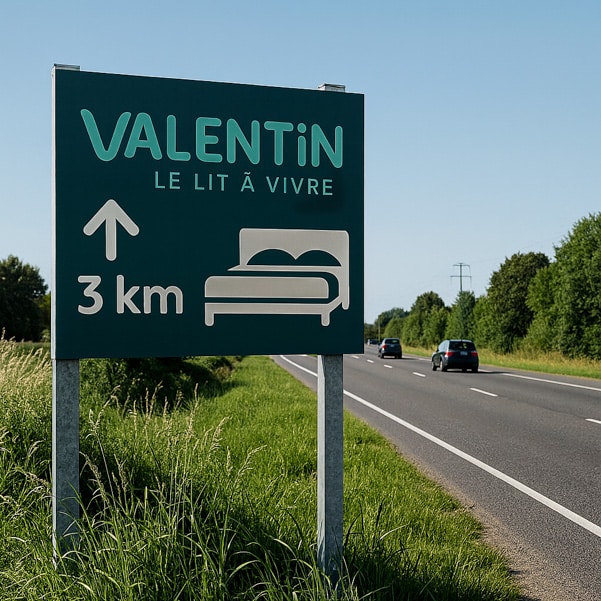 Pré-enseigne place sur le bord de la route pour indiquer un magasin dans 3 km