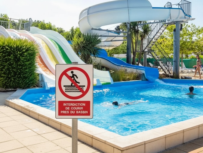 panneau de sécurité au bord d'une piscine dans un camping