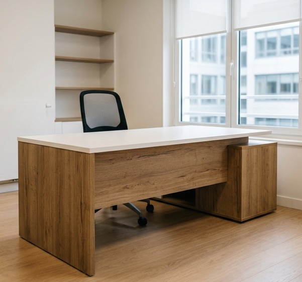 Covering d'un bureau de direction avec film adhésif imitation bois naturel