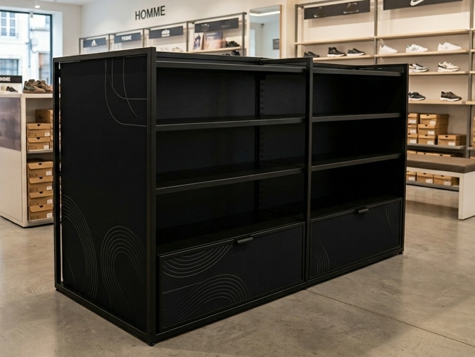 Covering de mobilier de point de vente avec film adhésif imprimé aux couleurs de la marque