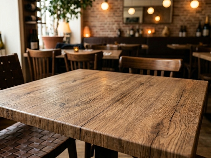 Covering d'une table de restaurant avec film adhésif effet bois vieilli