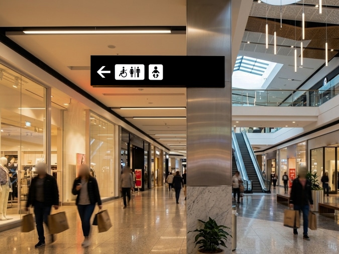 Panneau de signalétique sanitaire suspendu indiquant les toilettes mixtes et PMR dans un centre commercial