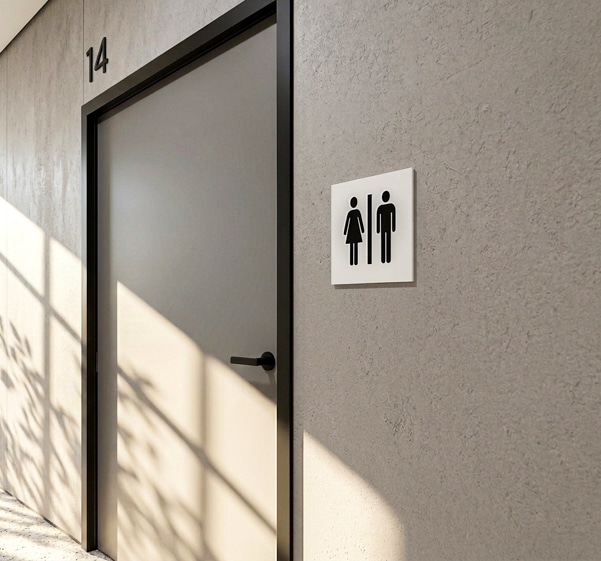 Plaque de signalétique sanitaire WC mixte sur mesure, fixée sur mur en béton dans un couloir hôtelier