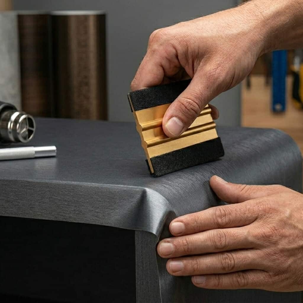 Pose d'un film adhésif sur un meuble professionnel avec raclette et pistolet thermique