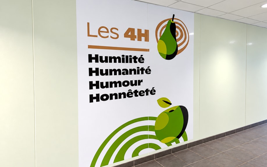 Adhésif mural présentant les valeurs de l’entreprise Fruidis